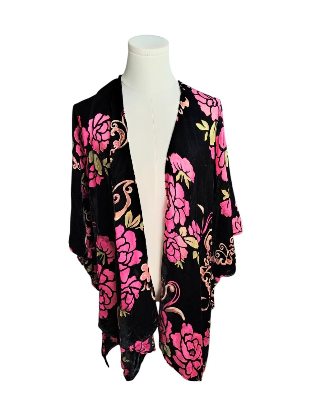 Woven Heart Velvet Black & Pink Rose Floral Burn Out Sheer Wrap Blouse One Size